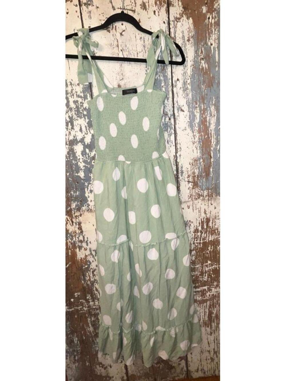 Zesica green and white polka dot maxi dress, size small